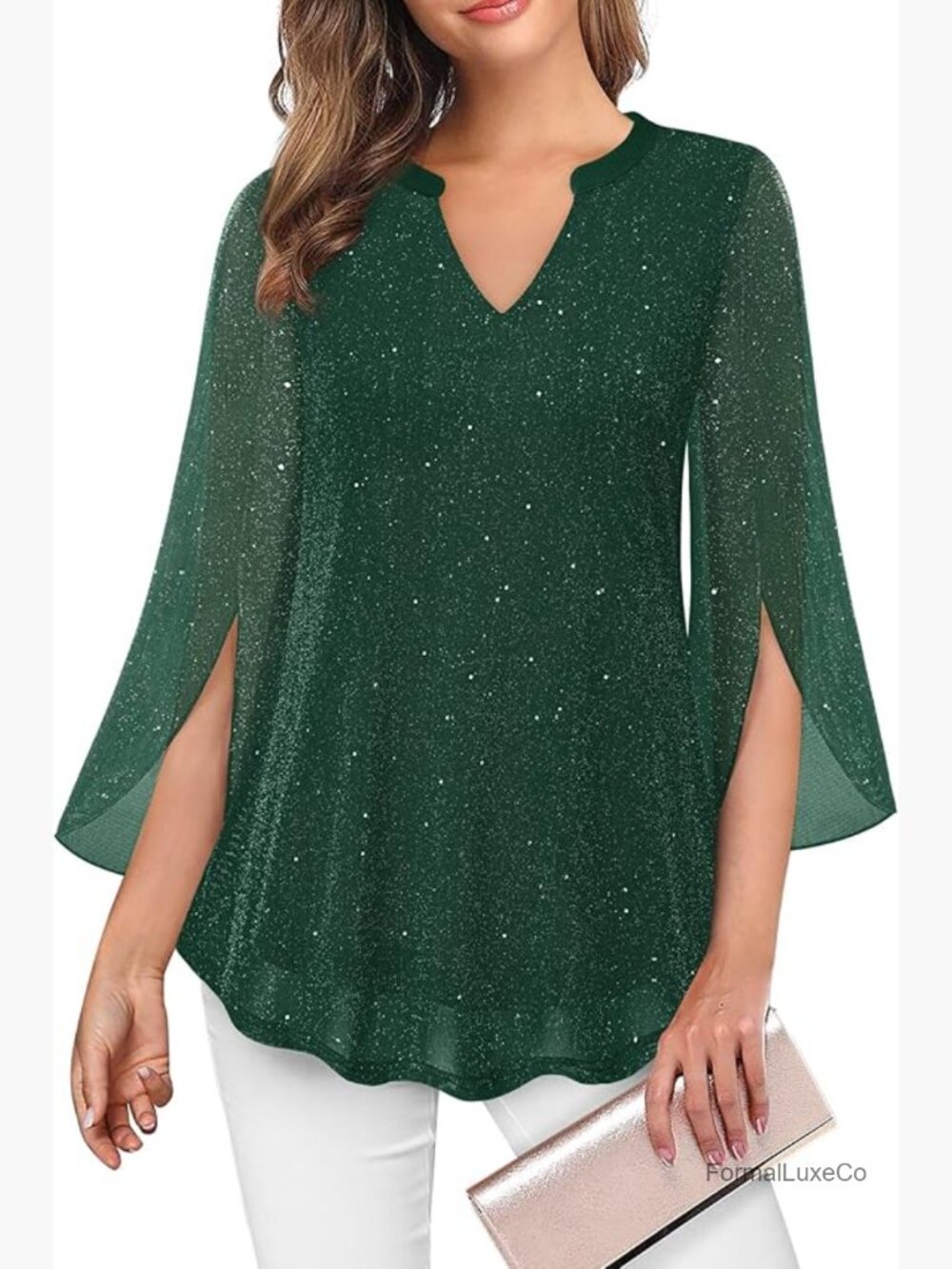 Double Layer Loose Fit Floral Tunic Blouse 3/4 Sleeve V-Neck
